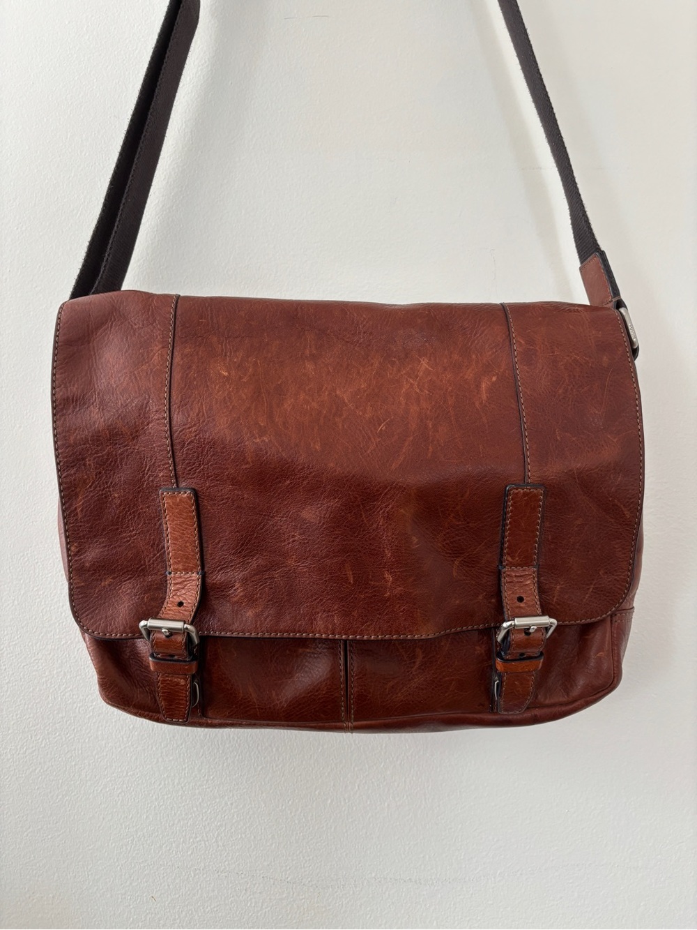 Fossil Leather Messenger Bag Dark Brown Buckle Clasp Briefcase Silver Hardware